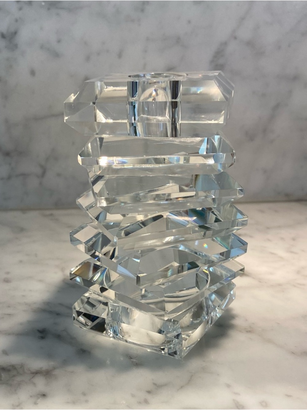 Clear Stacked Faceted Glass Candle Holder - Picture 2 of 6